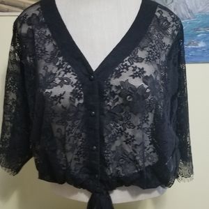 Lace Button up Blouse with Drawstring Waist